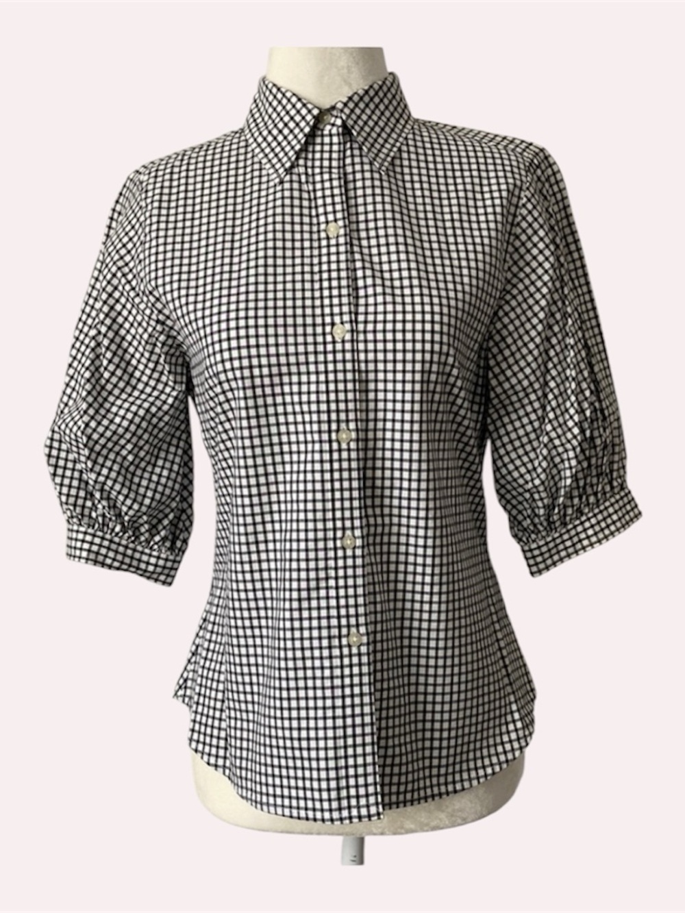 LAUREN Black & White Checked Puff-Sleeve Button Front Puff Sleeve Cotton Blouse
